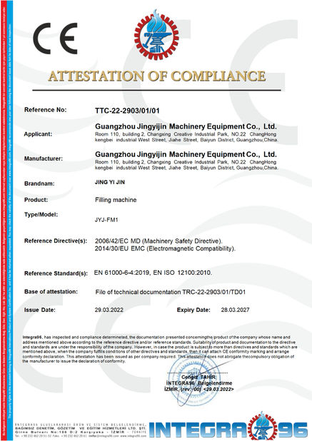 중국 Guangzhou Jingyijin Machinery Equipment Co., Ltd 인증